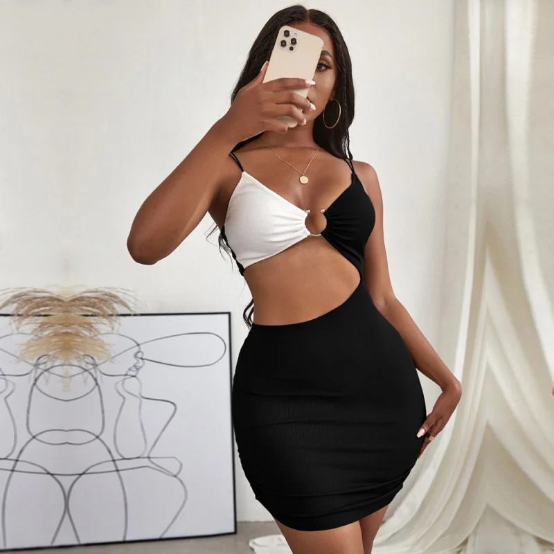 

YQ1-2026Spring Summer New Sexy Hollow Out Strapless Patchwork Camisole Dress Knitted Bodycon Short Dress for Women