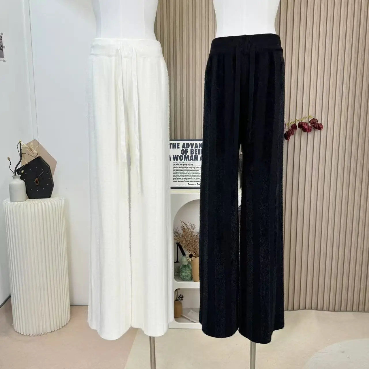 Drawstring glutinous Soft warm pants furry striped drapey knitted floor-length wide-leg pants