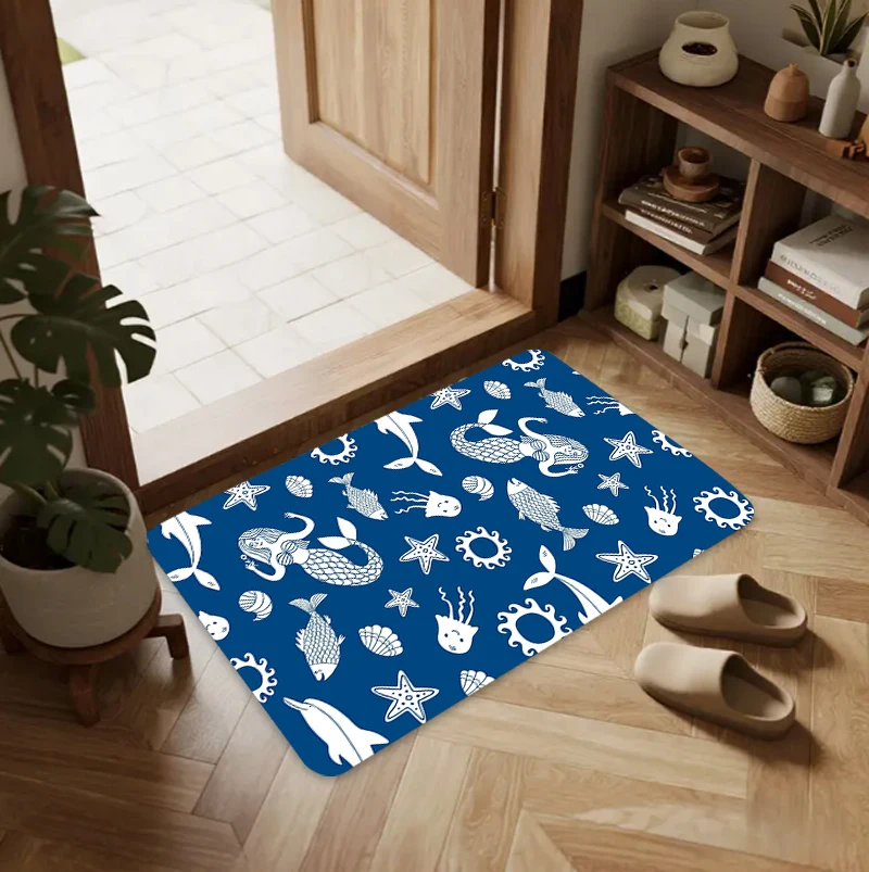 Marine Life Floor Doormat Fun Cartoon Non Slip Indoor Carpet Mat Coastal Themed Home Decoration Entryway Living Room Area Rug