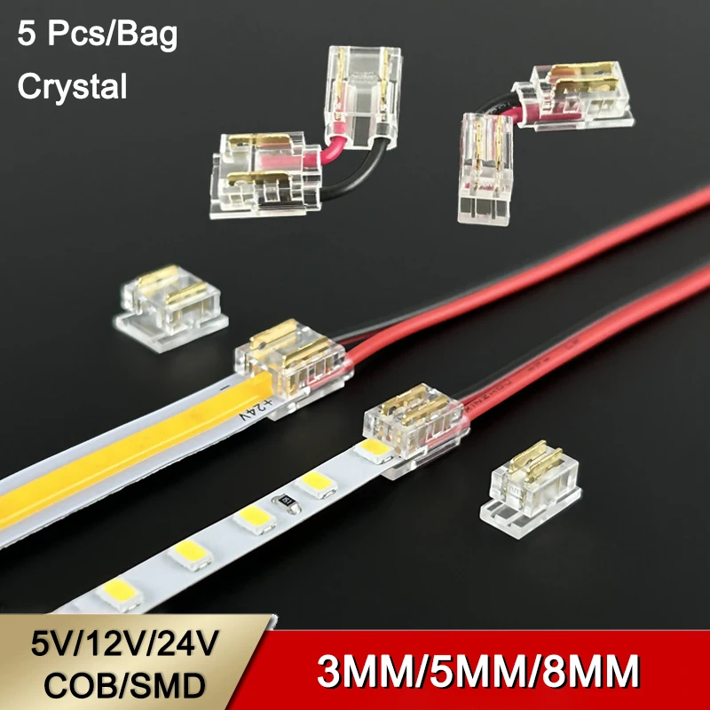 5 pçs/saco 3mm/5mm/8mm 2 pinos 2 pinos canto led conector 5v/12v/24v cristal smd cob led strip conector