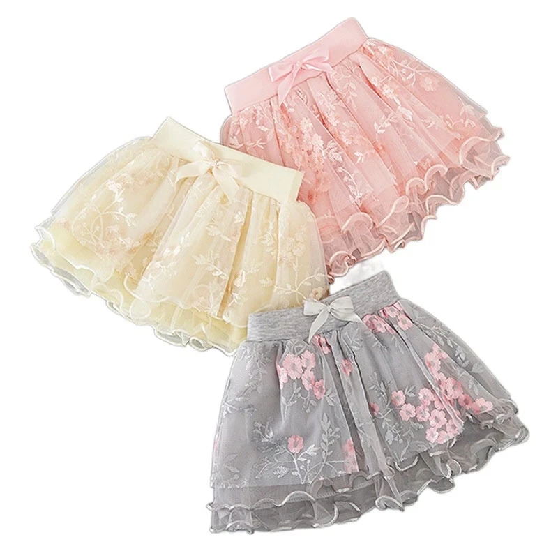 

Flowers Embroidery Baby Girls Tulle Pleated Skirts 2023 Summer Pretty Mesh Tutu Girls Lace Ballet Dance Princess Skirt 2-8T