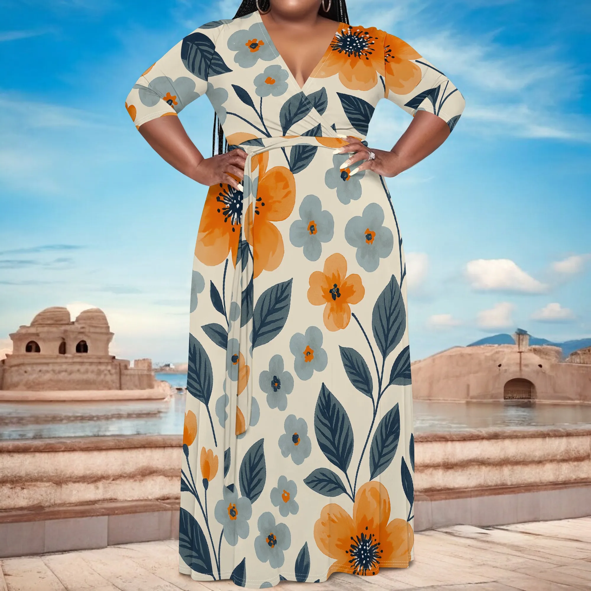 

Floral Plus Size Wrap Dress XL-6XL – Elegant V-Neck with Orange & Blue Blooms – Perfect for Spring, Summer & Casual Outings