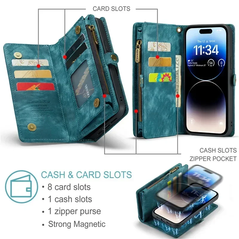 Magnetic Flip Leather Phone Case for iPhone 12 11 13 14 15 Pro Max XS XR X SE 2022 8 Plus Zipper Wallet Card Cover Hoesje image 4