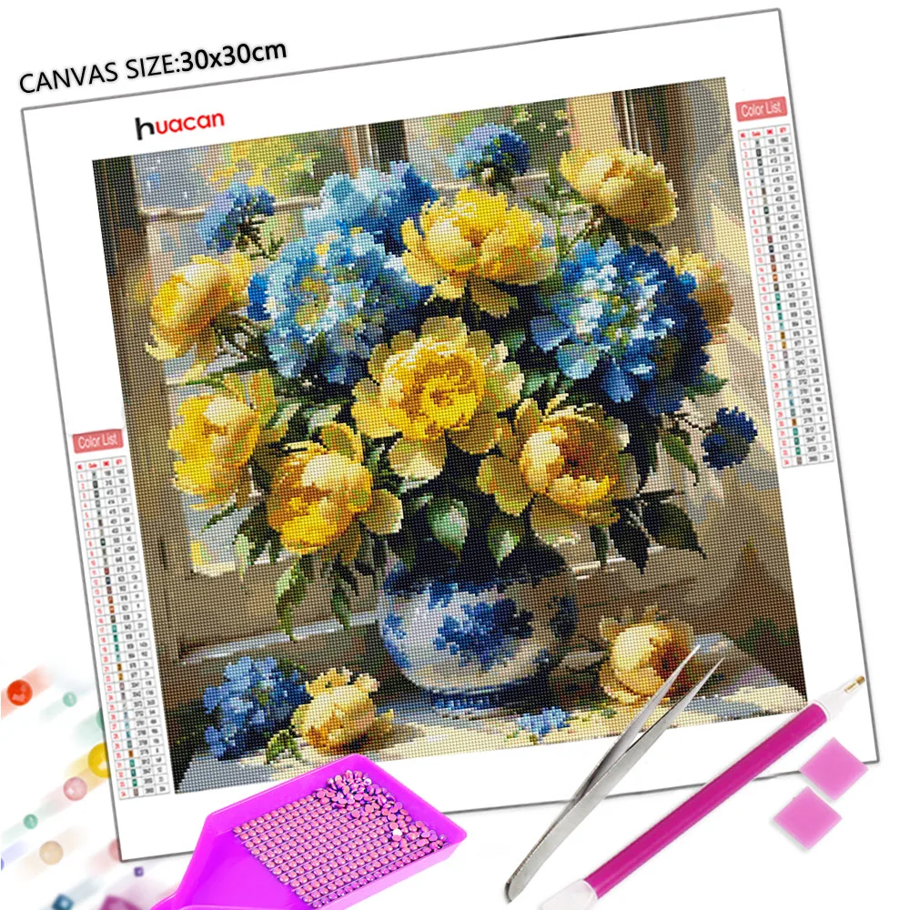 Huacan Full Square Round Diamond Painting Peony Flower Vase Diamond Mosaic Complete Kit Picture Of Rhinestones view 2