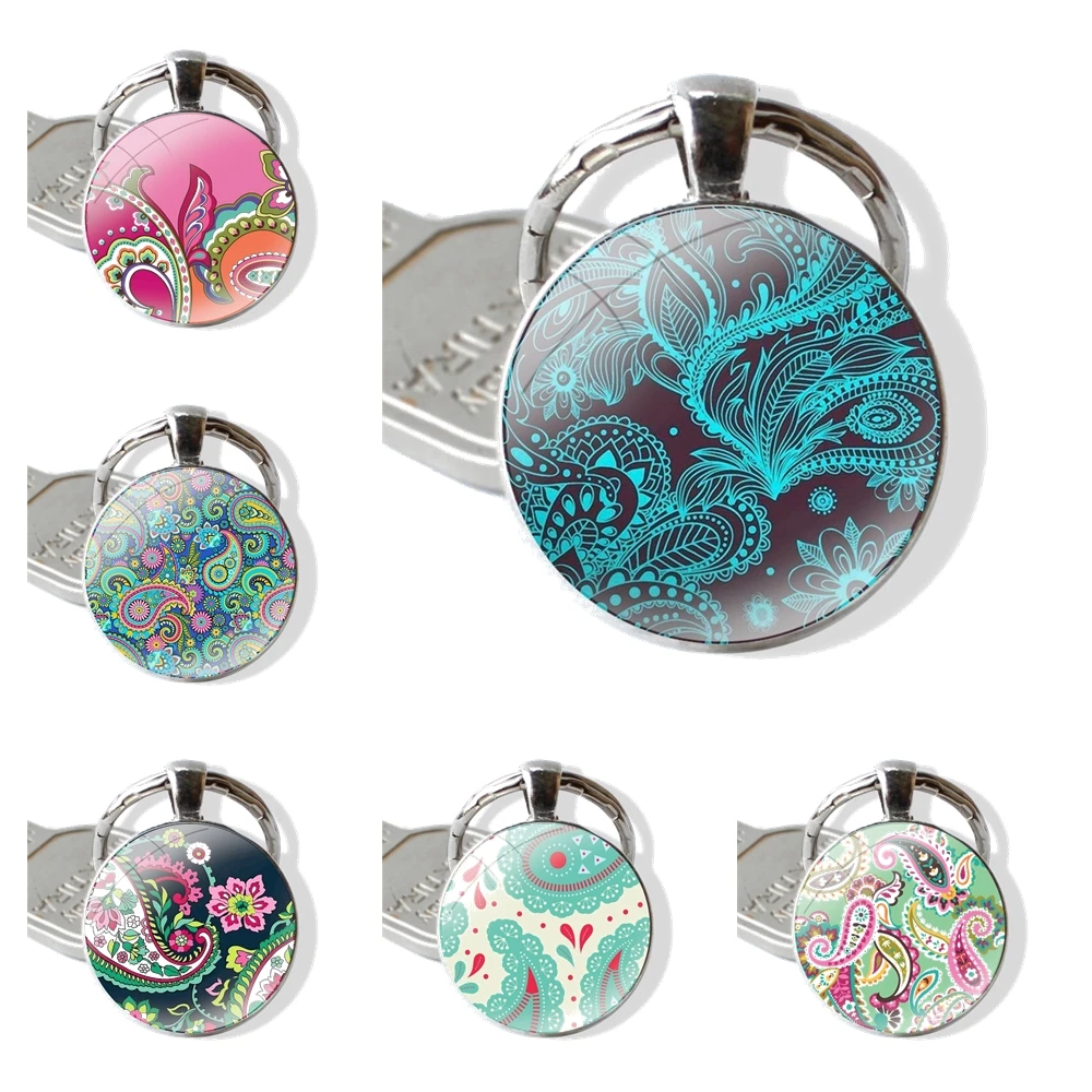 Keychain Glass Cabochon Metal Pendant Classic Men's Women's Keyring Paisley Peacock Flowers