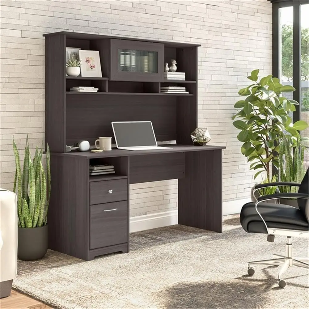 60W Single Pedestal Desk and Hutch, Heather Gray