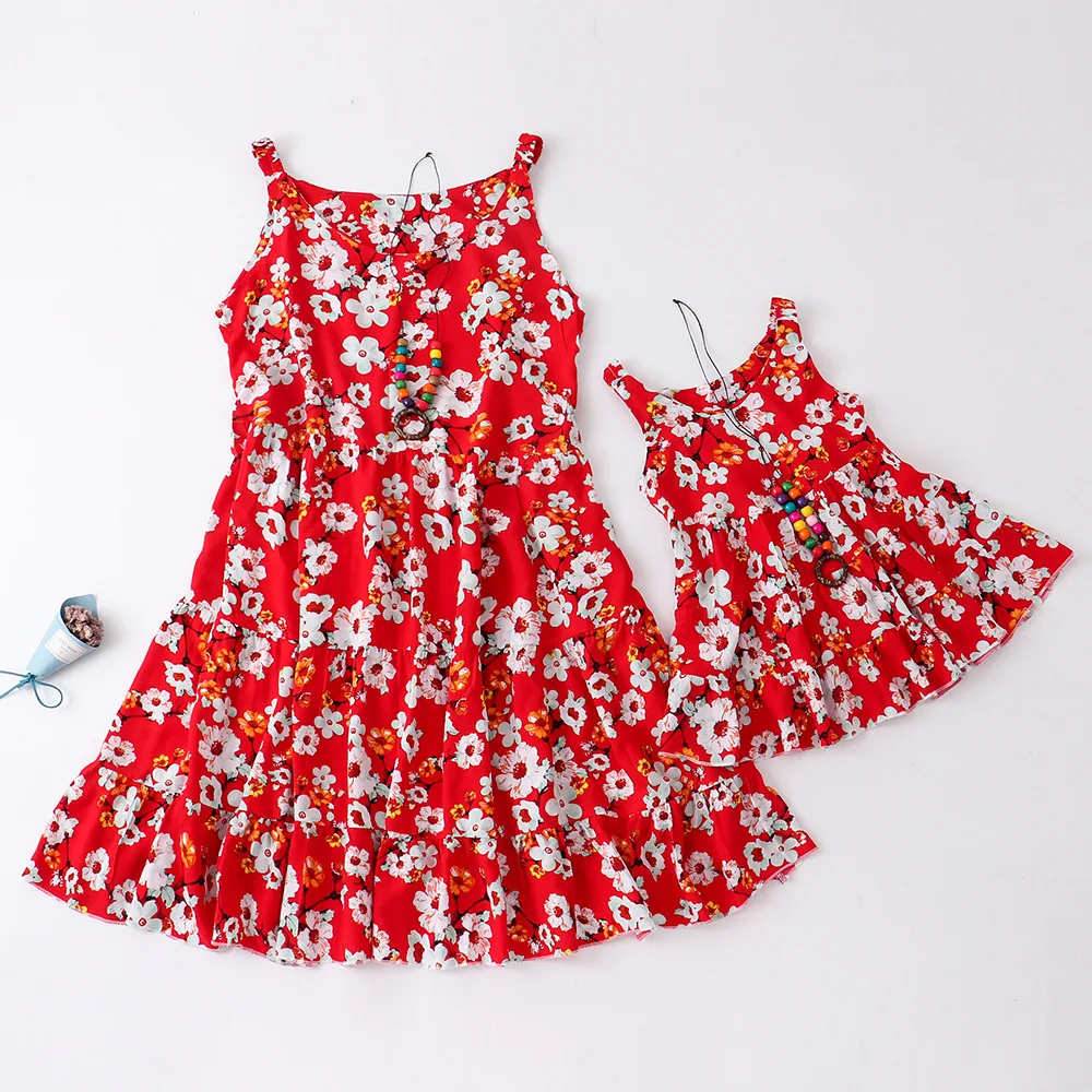 Mother Daughter Matching Dresses Family Look Mommy and Me Clothes 2023 Summer Women Girls Outfits Flower Printed Dress