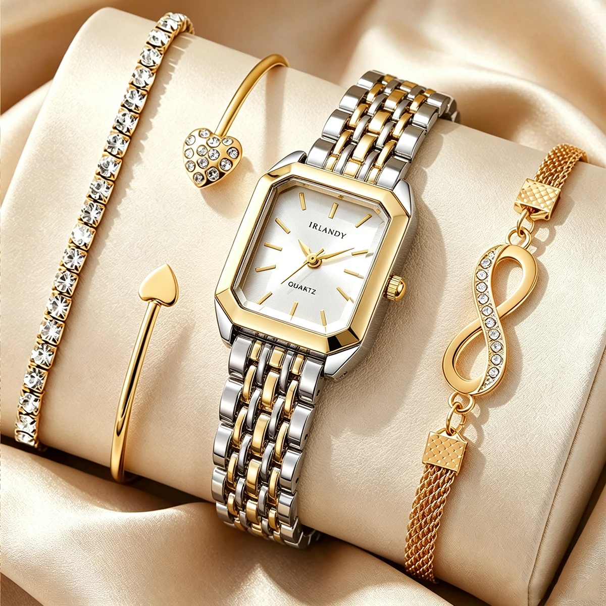 4PCS Elegant Women Quartz Watch Rhinestone Bracelets Set Stainless Steel Bracelet Wristwatches Relogio Feminino (Without Box)