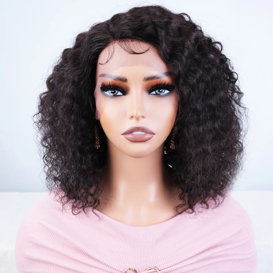 Elegante Afro Kinky Curly Bob Lace Front Perucas, Preto Natural, Parte Lateral, Cabelo Humano Encaracolado Profundo, 13x6x1, Remy Hair