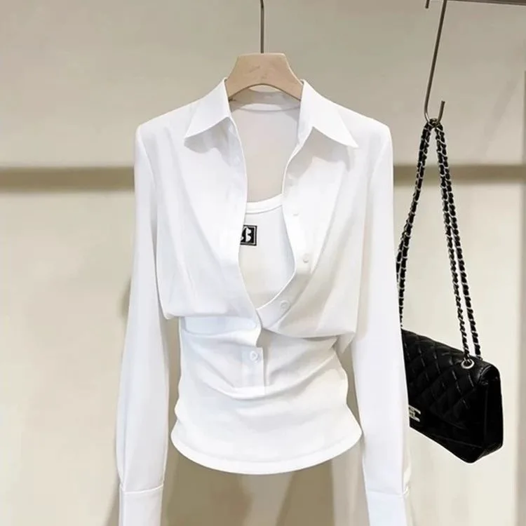 Casual Versatile White Long Sleeve Shirt Women's Slim Fit Stylish Spring Fashionable Three-Quarter Length  Collar Button up