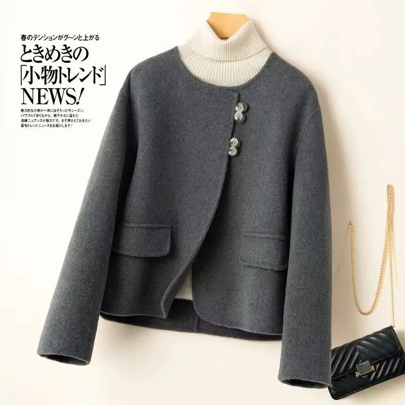 Autumn Winter New Korean Double-sided Wool Short Coat 100% Wool Women's Round Neck Cardigan Thick Warm Tops Solid Color Outwears