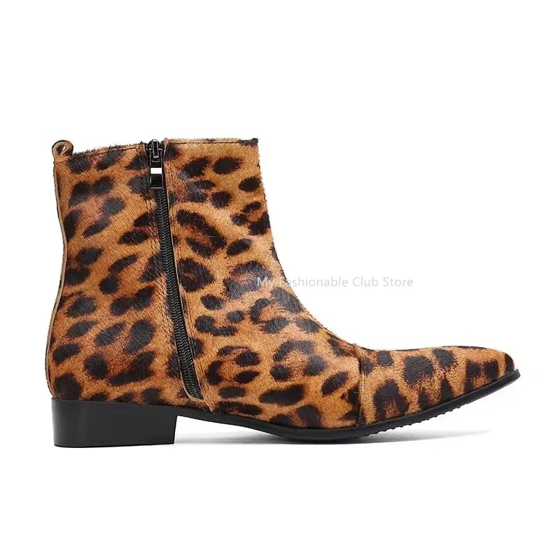 Leopard Men Anlke Boots Horse Hair 3cm Flat Heel Shoes Pointed Toe Street Style Boots Luxury Side Zipper Short Boots Big Size 47