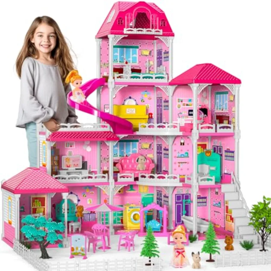

Dolls House for Girls Toys, 4 Stories 10 Rooms Dollshouse with 2 Princesses Slide Accessories, Playset for Toddler Playhouse Gi