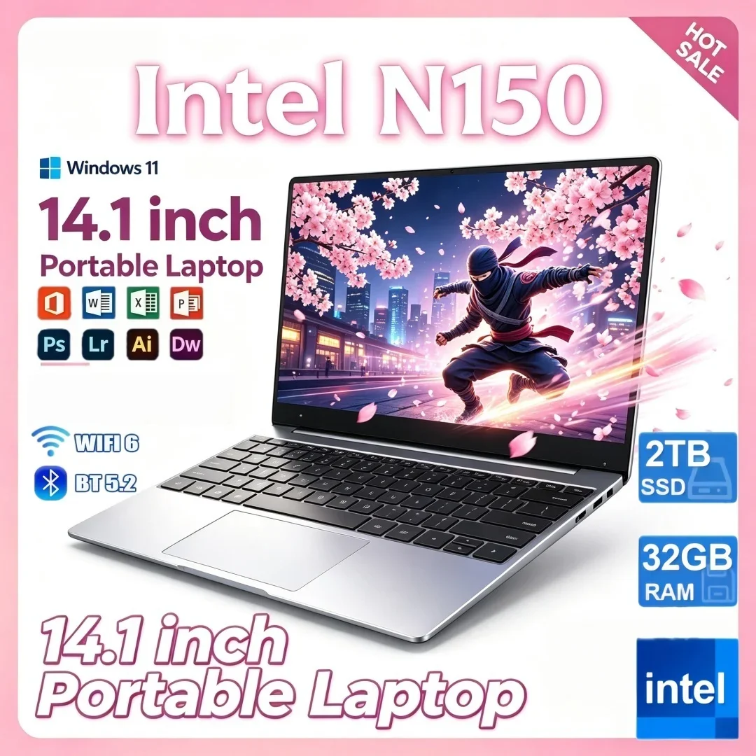 14.1 Inch Hot Sale Sleek Ultra Slim Laptop Intel N150 16GB/32GB RAM 1TB/2TB Big SSD Portable Windows11 Office Study