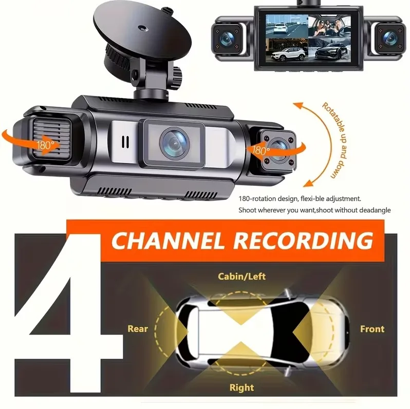 4-Channel Car Dash Camera with 1080P Front And 720P Left/Inside Right Rear DVR, Featuring Night Vision, Loop Recording, And 24-H