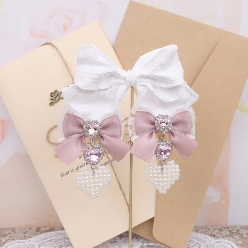 Brincos lolita feitos à mão com laço, strass, coração, pérola, pingente, clipes para sem piercing de orelha, agulha de prata 925