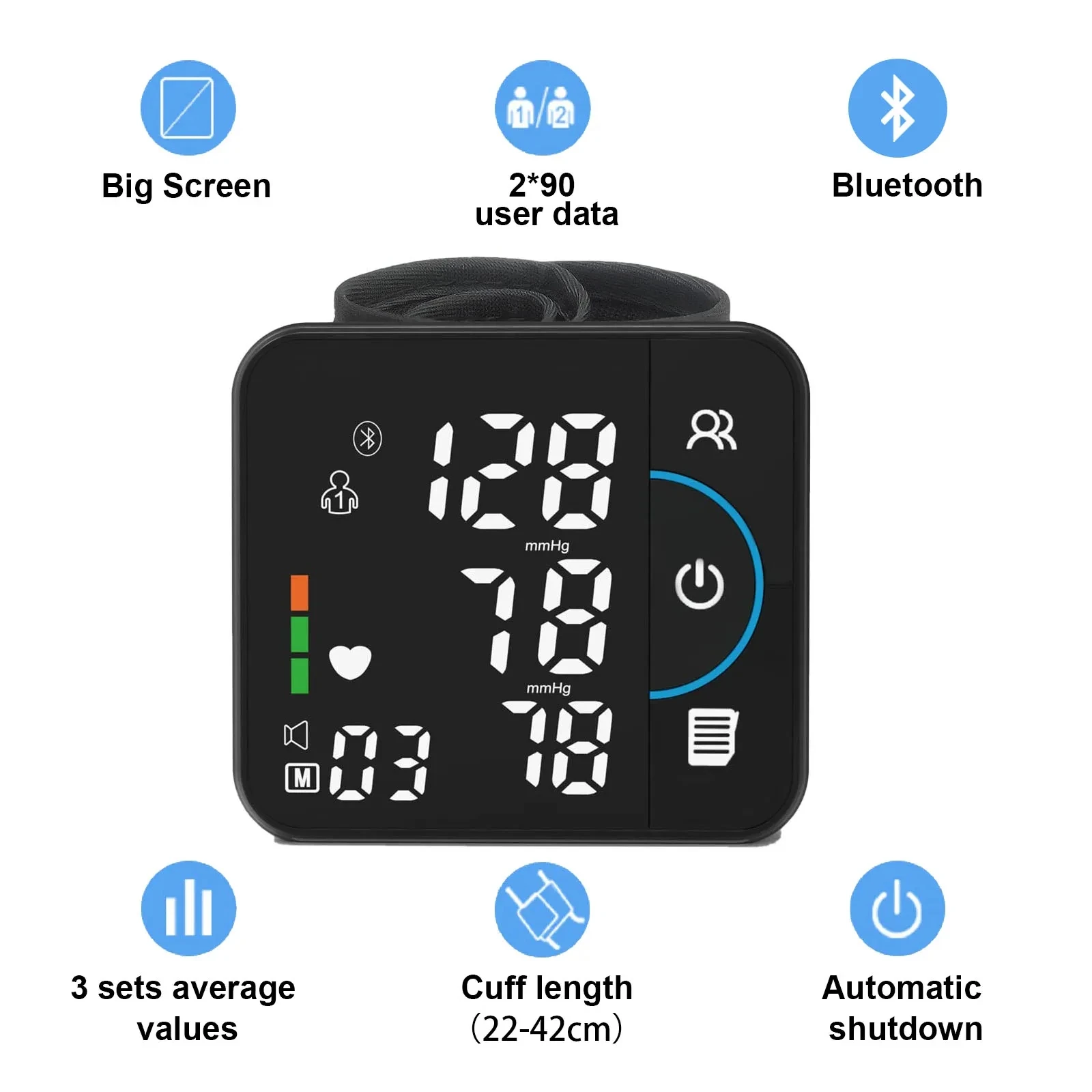 Bluetooth ses bilek kan basıncı monitörü USB şarj edilebilir büyük ekran tonometre dijital tansiyon aleti baumanometer