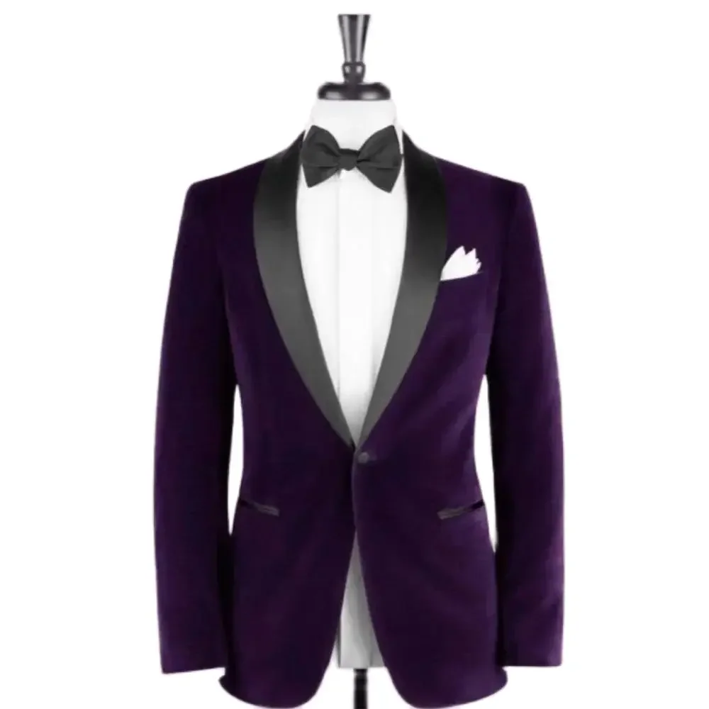 Purple Velvet Smoking Blazer One Piece Black Shawl Lapel One Button Slim Fit Jacket Prom Party Clothing