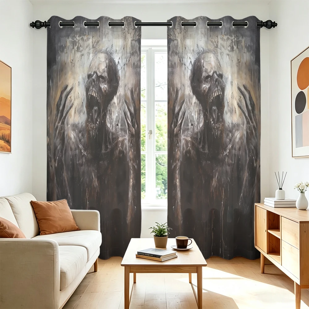 2Pcs Gothic Skull Mirror Print Curtains Perforated Hole‑Punch Blackout Privacy Window Drapes For Living Room Bedroom Spooky S