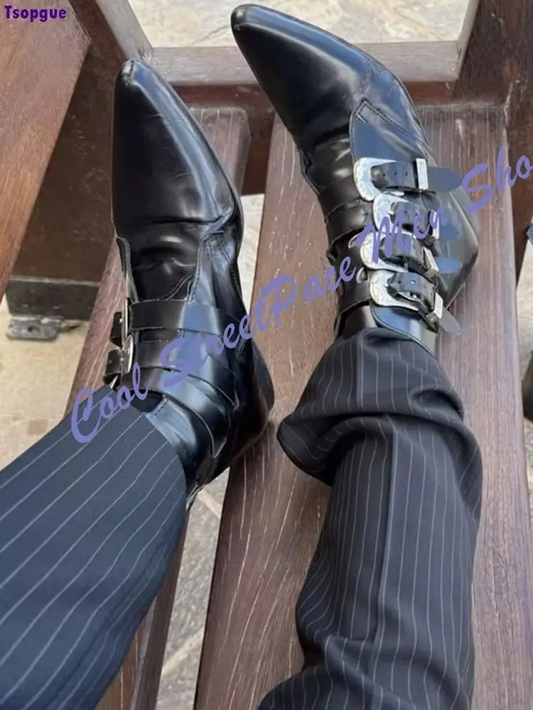 Multi Buckle Pointed Ankle Boots Men Black Polished Leather Chunky Heel Gothic Punk Dark Street Handmade Fashion Men Short Boots