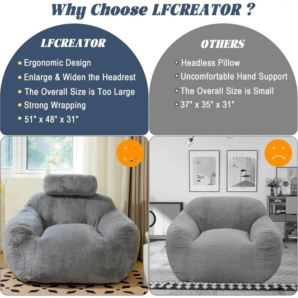 Giant Bean Bag Chair for Adults, Faux Fur Fabric Large Bean Bag Chair, Comfortable Bean Bag Sofa Chair with Ergonomic Support