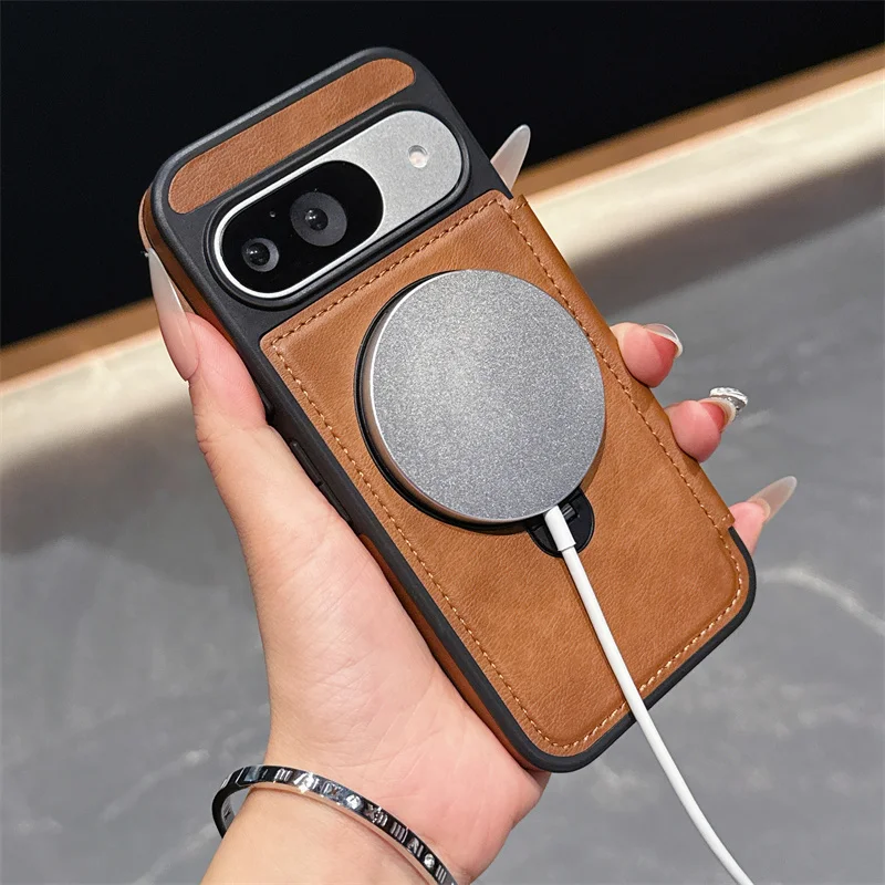 高級PUレザーカードウォレットフリップケース Google Pixel 10 9 Pro XL 8 9 10 Pro 9A用 マグネット式Magsafe 360度回転リングブラケットカバー