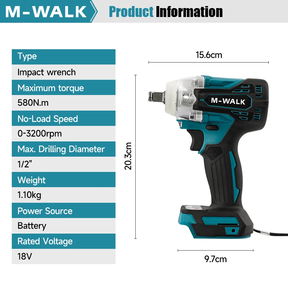 M-WALK 580N.M Torque Brushless Electric Impact Wrench 1/2 inch Cordless Wrench Screwdriver Power Tool For Makita 18V Battery Pin