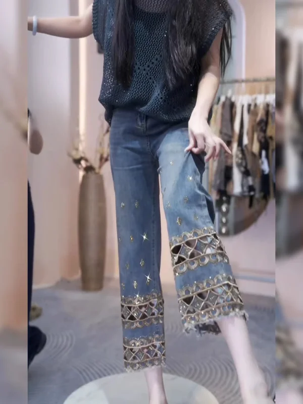 

Heavy Embellied Hollow out Denim Jeans High Waist Straight Leg Pants for plus Size Women Summer New Sle European Faion