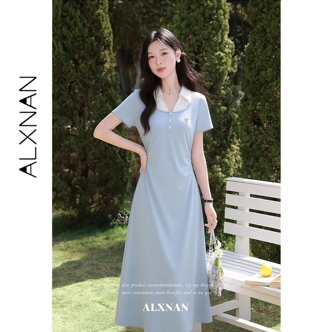 

Летнее платье ALXNAN для женщин, синее, с коротким рукавом, имитация двух частей, повседневное элегантное платье миди, модные платья для пляжного отдыха DYL6625608
