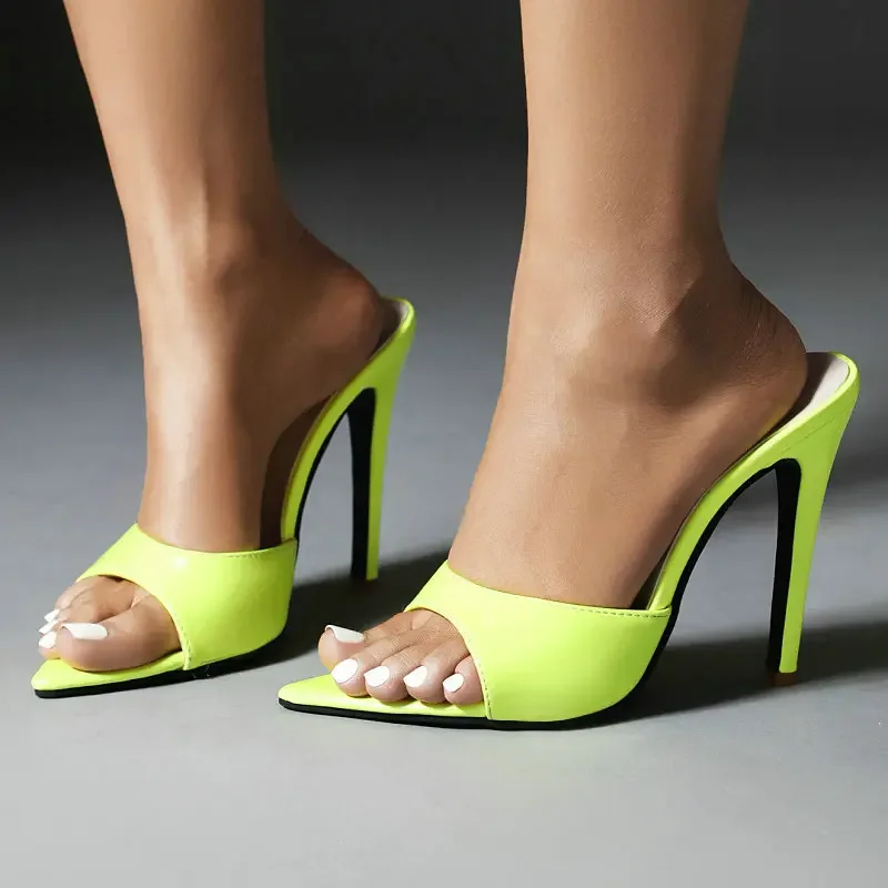 Summer Neon Yellow Navy Orange Sexy Casual Women Thin High Heels Slides Mules Open Toe Stiletto Slippers Shoes Sandals Size 47