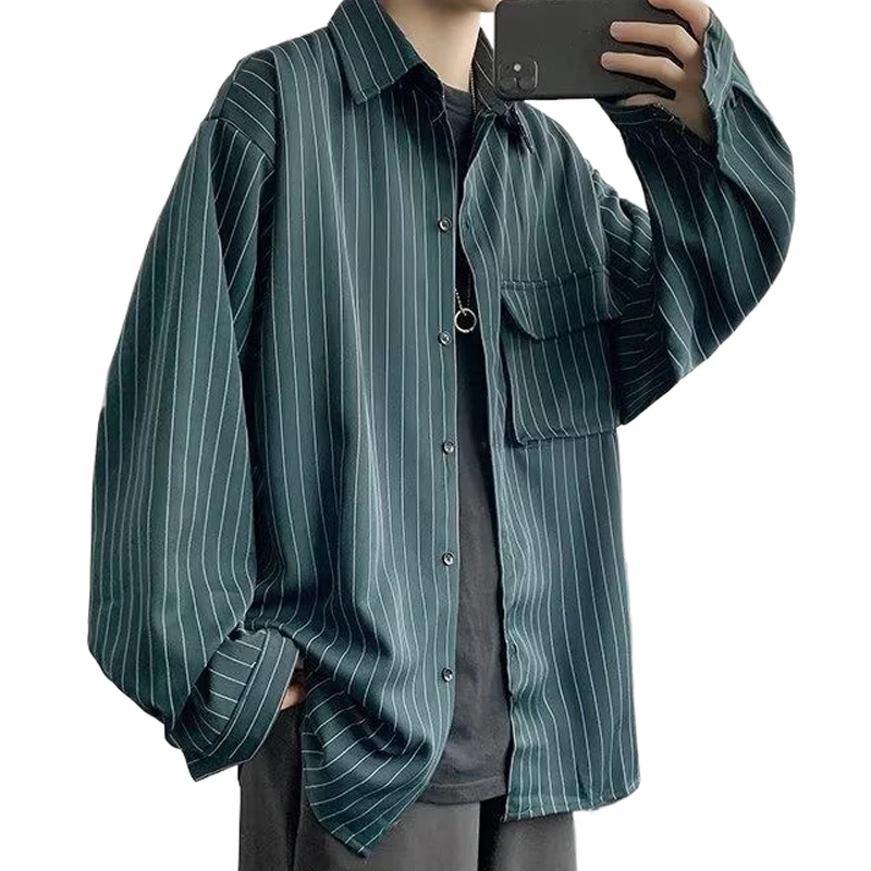 linccure Men Oversized Striped Shirt Long Sleeve Casual Loose Fit Button Down Shirt Chest Pocket Streetwear Layering Daily Wear