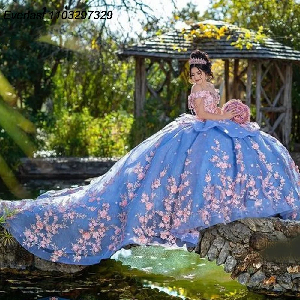 EVLAST مخصص الأزرق الديكور المتدرج الكرة ثوب Quinceanera فستان ثلاثية الأبعاد الزهور زين الحلو 16 Vestidos De 15 Anos TQD840