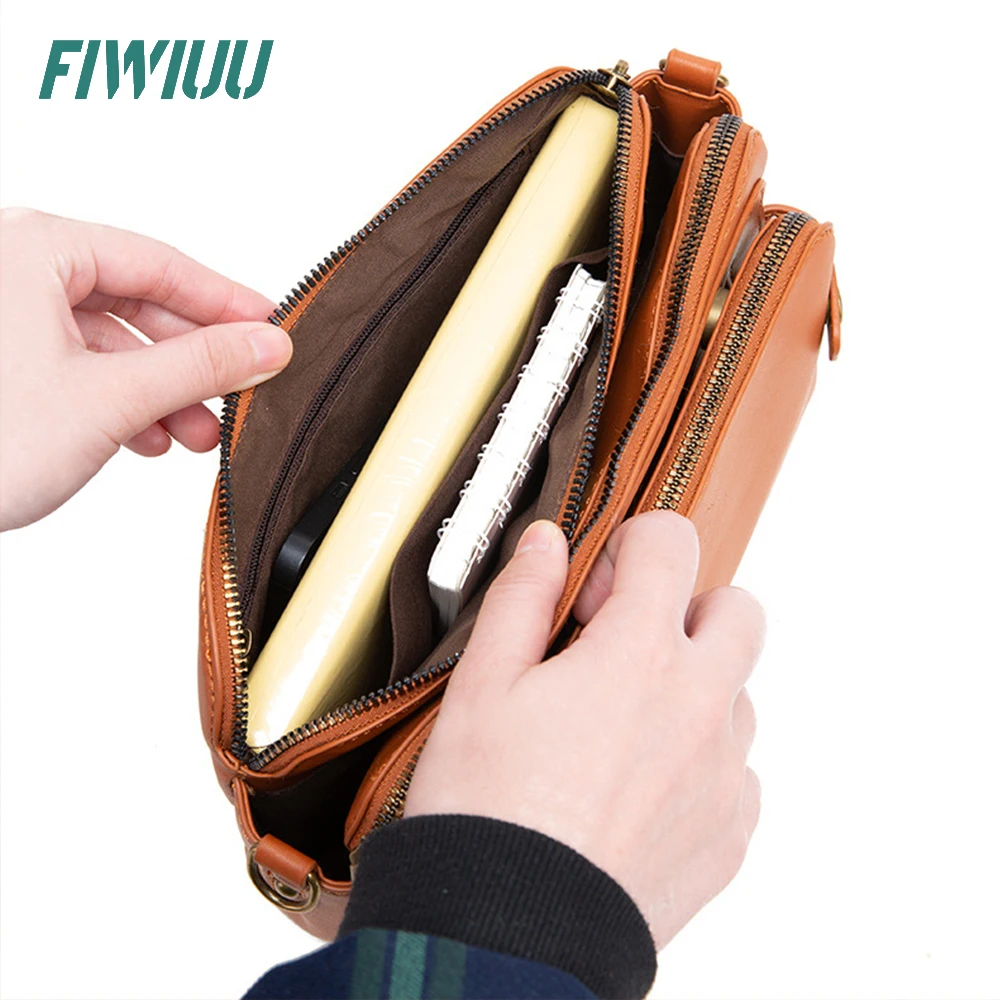 Fiwiuu Vrouwen Pu Schoudertas Drie Lagen Lederen Zakje Crossbody Tas Rits Sling Tas Vintage Messenger Bag