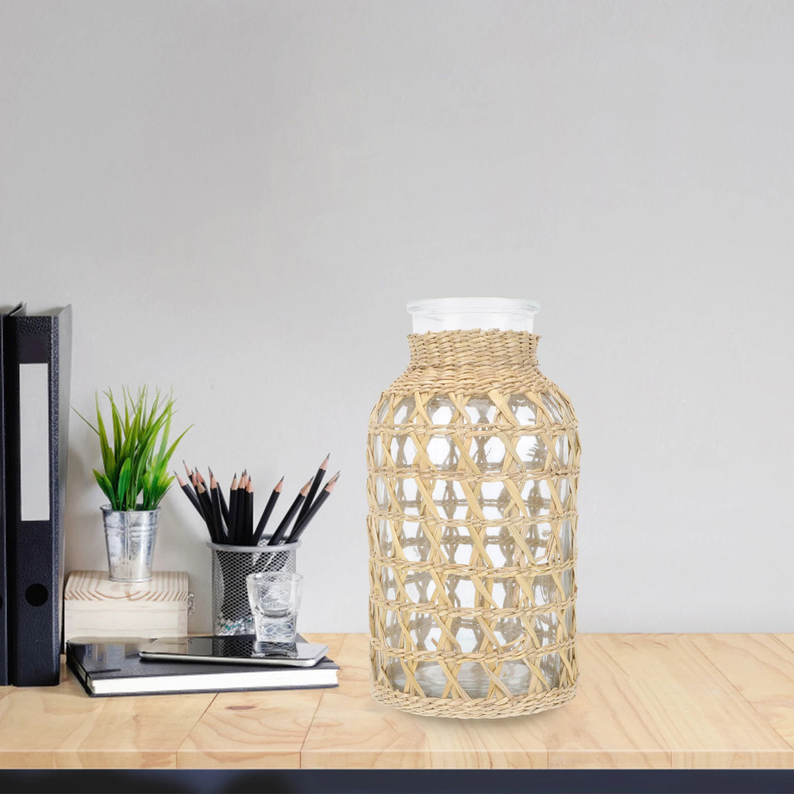 

1pc Rattan Woven Desktop Vase Decor Desktop Flower Container Creative Vase For Home Decor Living Room Bedroom Office Use