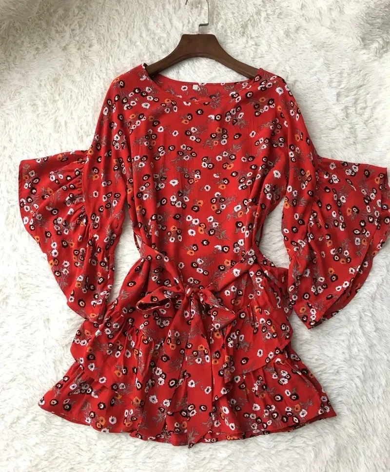 

Women Floral Printed Red Dress Lace-up Flared Sleeve O-Neck Fashion Female Mini Robe