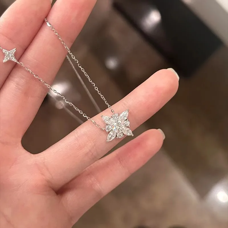 Exquisite Luxury 925 Sterling Silver Asymmetry Full Zircon Snowflake Pendant Necklace for Women Girls Jewelry Accessories Gifts #3
