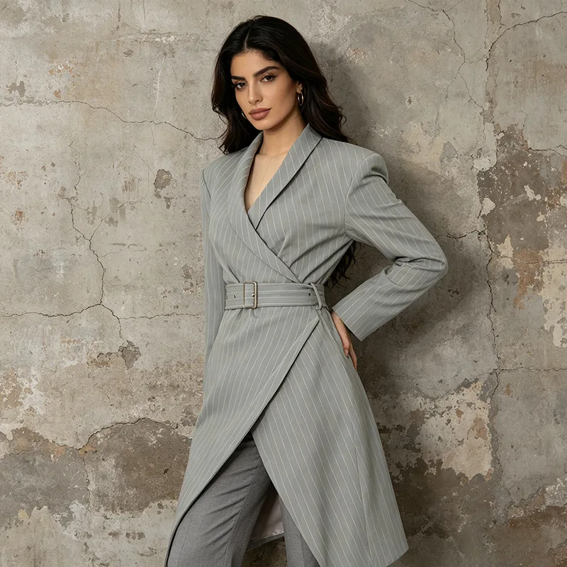 FANAN Women Pinstripe Wrap Long Blazer With Matching Belt Shawl Lapel Asymmetrical Hem Long Sleeve Suit Coat Elegant Outerwear