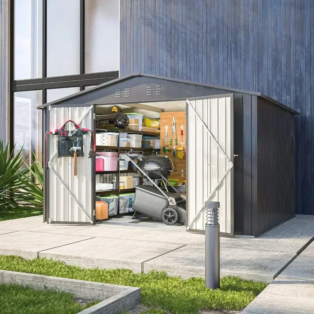 10ft x 8ft Outdoor Metal Storage Shed with Floor Base, Galvanized Steel, Waterproof, Lockable Door, Ideal for Garden, Patio, and