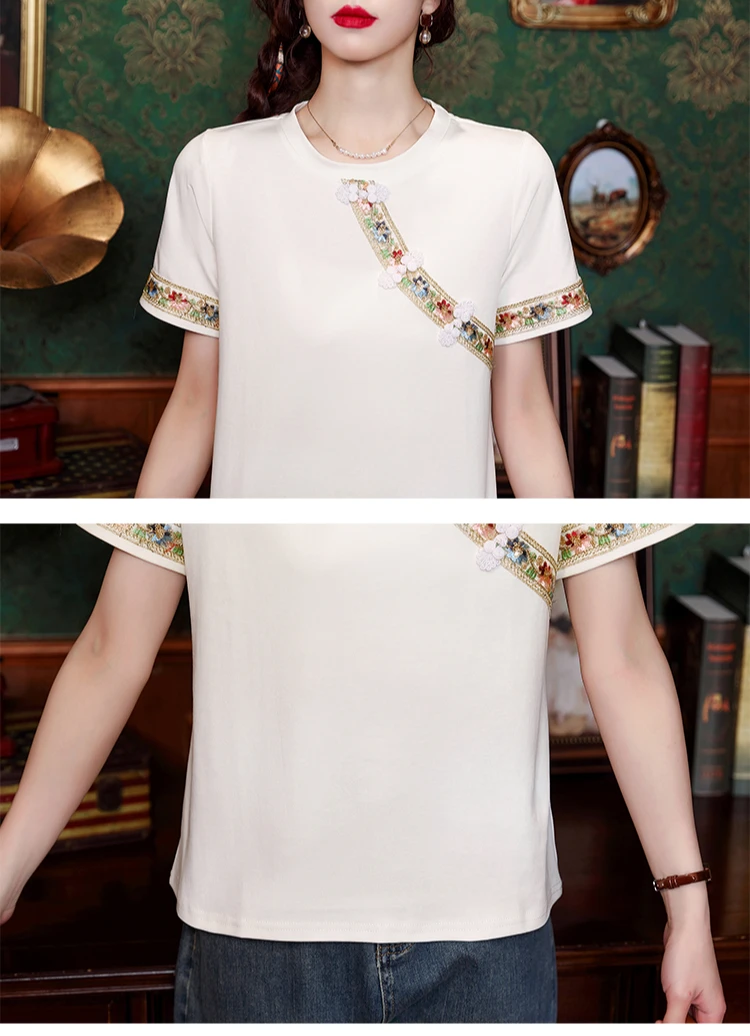 Chinese Style Women\'s T-shirt Summer New Embroidery Vintage Tees Short Sleeve Loose Women Tops Cotton O-neck Clothing