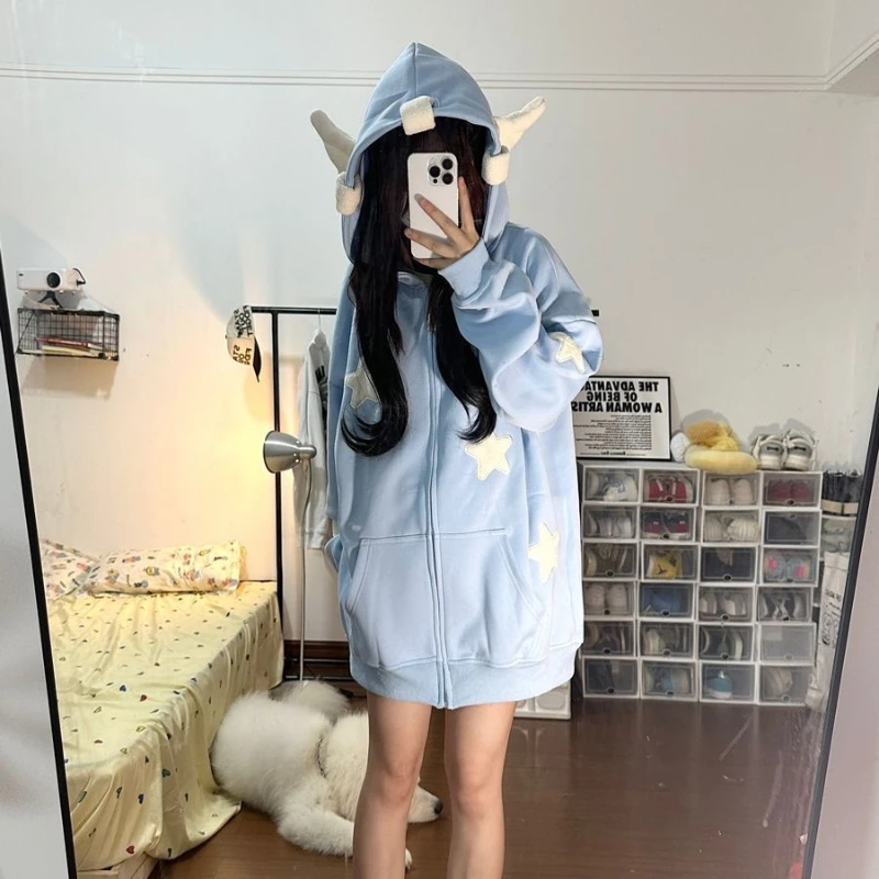 النمط الياباني الدوبامين لطيف نجمة الملاك الجناح المرأة أعلى الخريف والشتاء فضفاضة مقنعين المرأة هوديي نمط الحلو