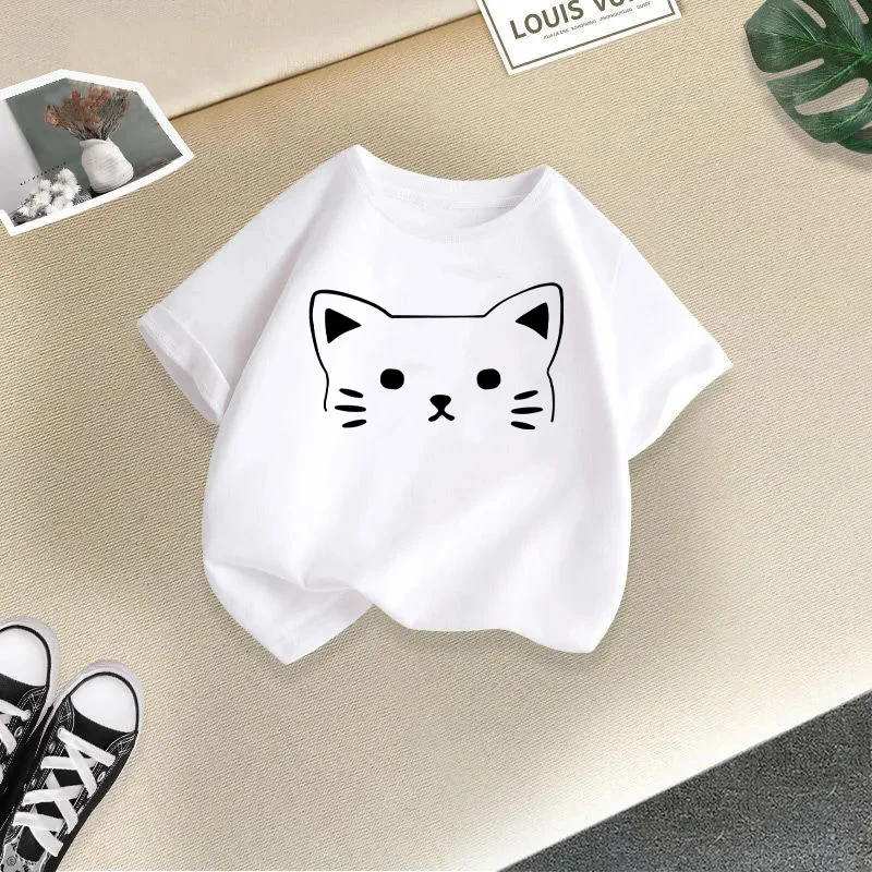 Summer New Cute Cat Animal Print Round Neck Short Sleeved Tee Shirt for Boys and Girls Fashionable and Simple Children's T-shirt