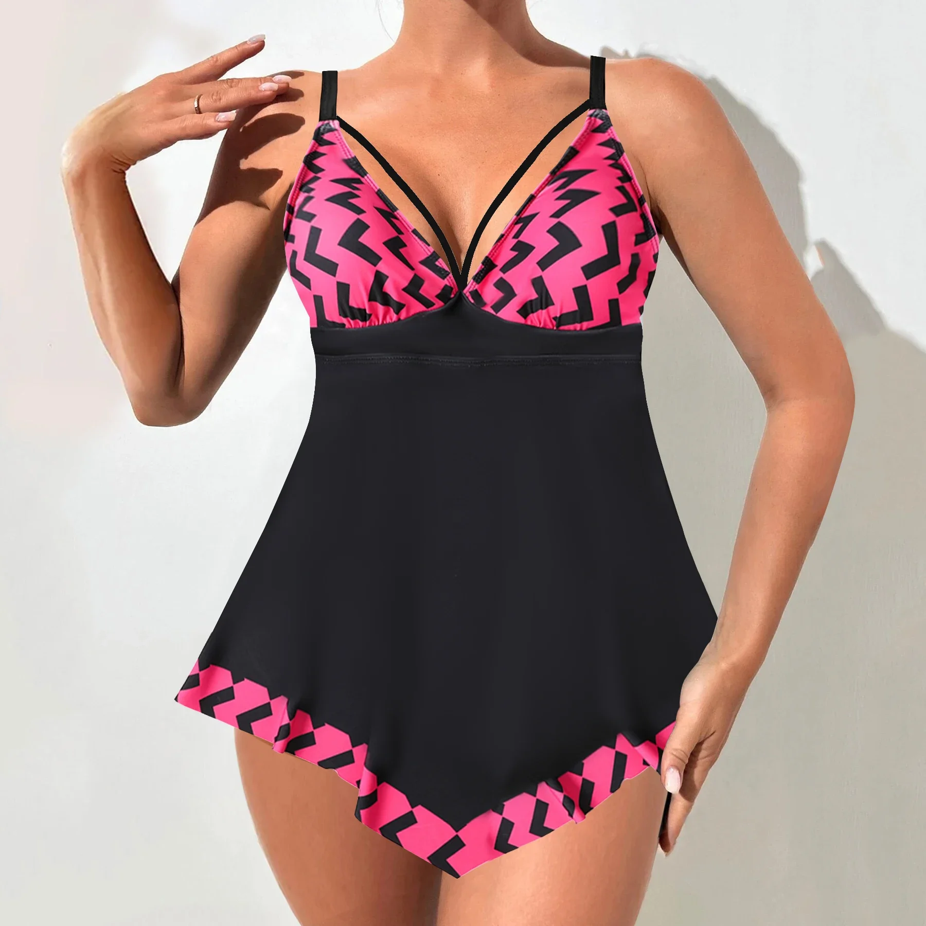 Women's Summer Vacation Tankini Set - High Stretch Crew Neck Swimsuit with Random Print, Knit Fabric 2 Piece Tropical Bikini