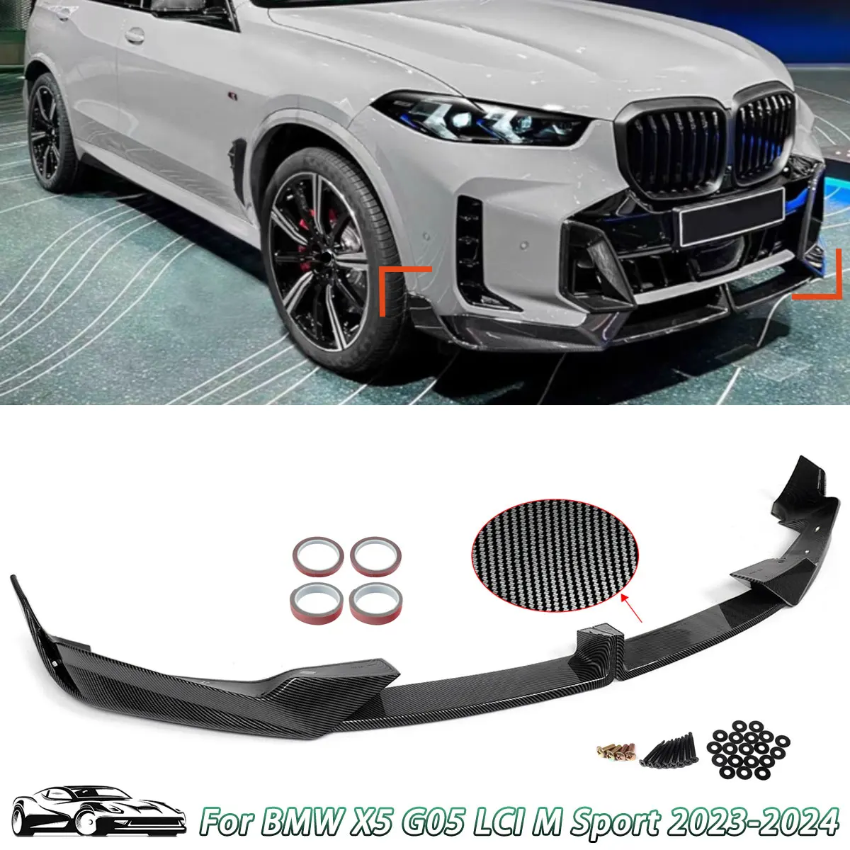 M Style Carbon Print For BMW X5 G05 M Sport Front Bumper Lip Splitter LCI 23-25