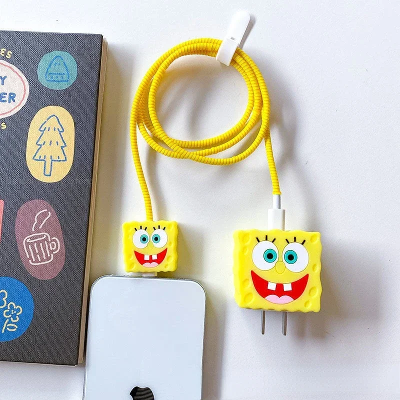 SpongeBob Cable Cover for For Apple Iphone 18/20W Adapter Charger Case Data Cable Protector Charging Head Shell Data Wire Winder