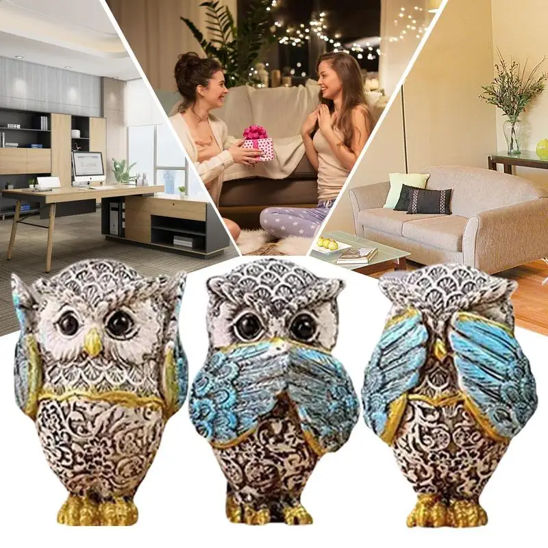 Owl Figurine Creative Tabletop Ornament no listen no see no speak Owl Sculpture for Office Cabinet Living Room Table Centerpiece