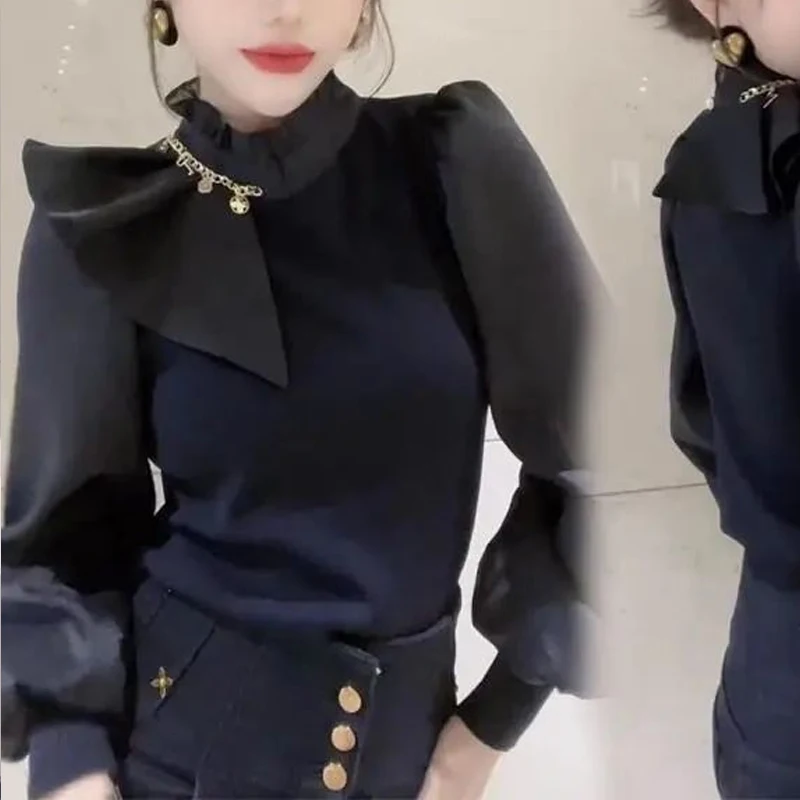 

Женские повседневные тонкие пуловеры High Street, элегантный съедобный топ с грибком дерева, весна-осень, новая модная блузка с воротником-стойкой и длинным рукавом