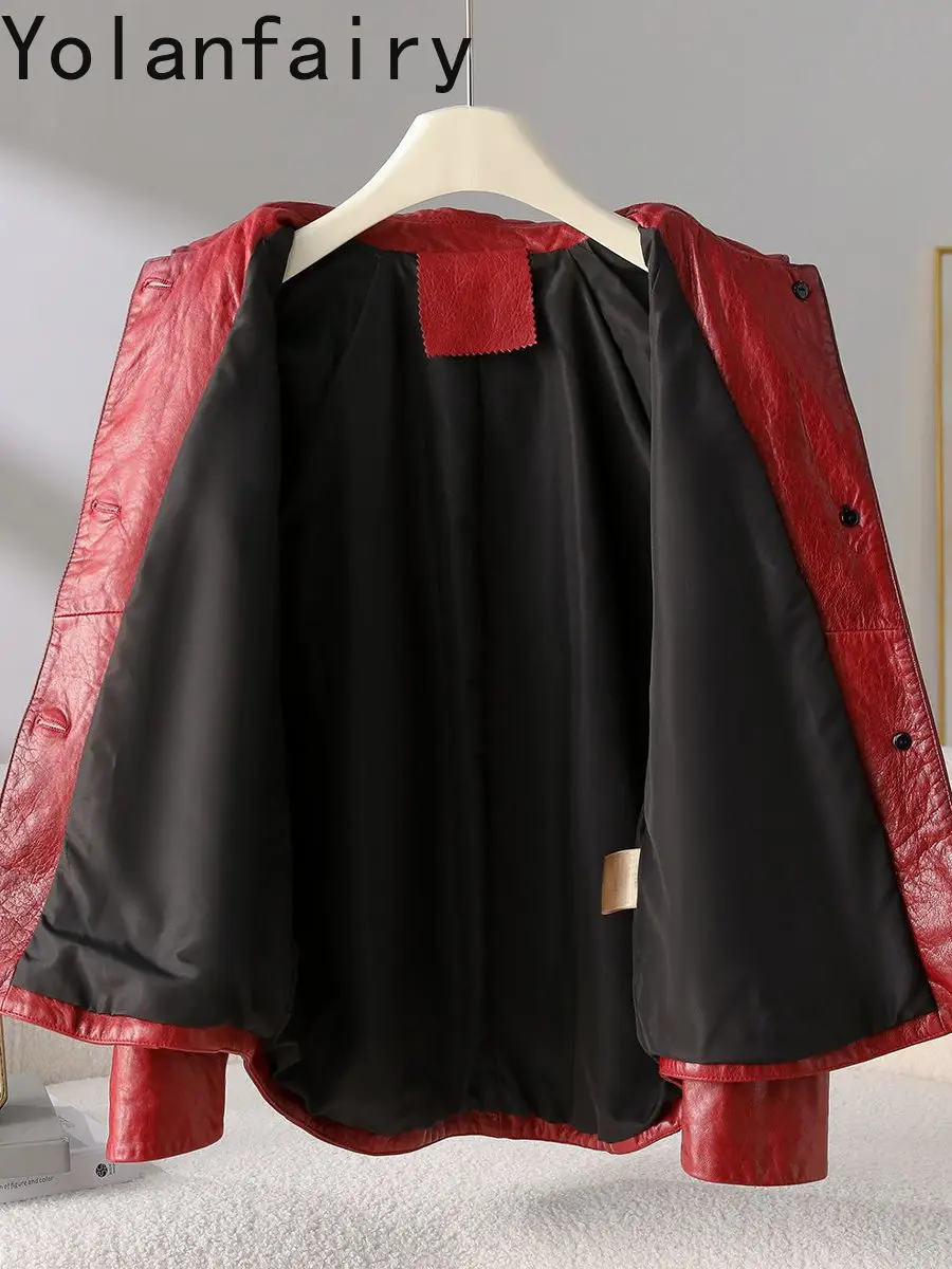 เสื้อแจ็คเก็ตหนังแกะ YOLANFAIRY Oli-wax สำหรับผู้หญิง ปี 2025 แจ็คเก็ตหนังสีแดงวินเทจระดับไฮเอนด์ แบบสั้น หนังแท้ 100%