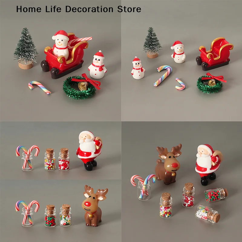 【H】4/5/6/7 Pcs Christmas Miniature Decor Set With Snowman Sleigh Tiny Pine Tree Wreath For Home Desktop DIY Crafts