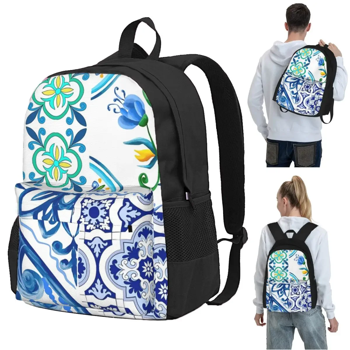 Sicilian Tiles,mediterranean,mosaic,lemons Backpack Student BookBag Children School Bag Laptop Shoulder Bags for Boys Girls