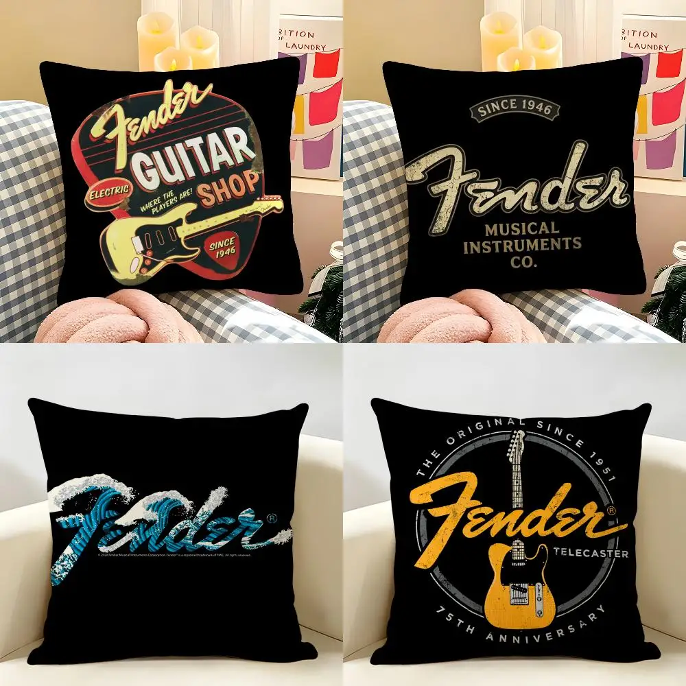 Guitar Cool F-Fender Logo Cushion Cover Natural Linen Organic Fabric Double-Sided Printing Room Sofa Decor Pillow Case